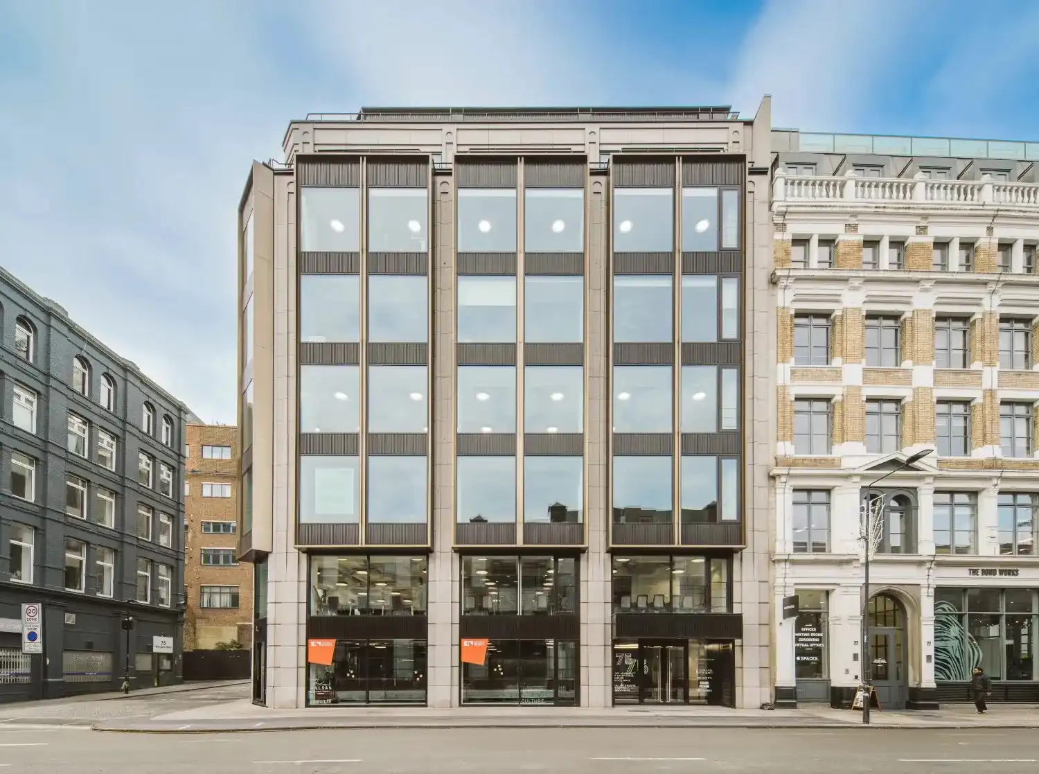75 Farringdon Road exterior — architectural corner building
